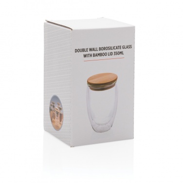 Logotrade Logogeschenke das Foto: Doppelwandiges Borosilikatglas mit Bambusdeckel 350ml