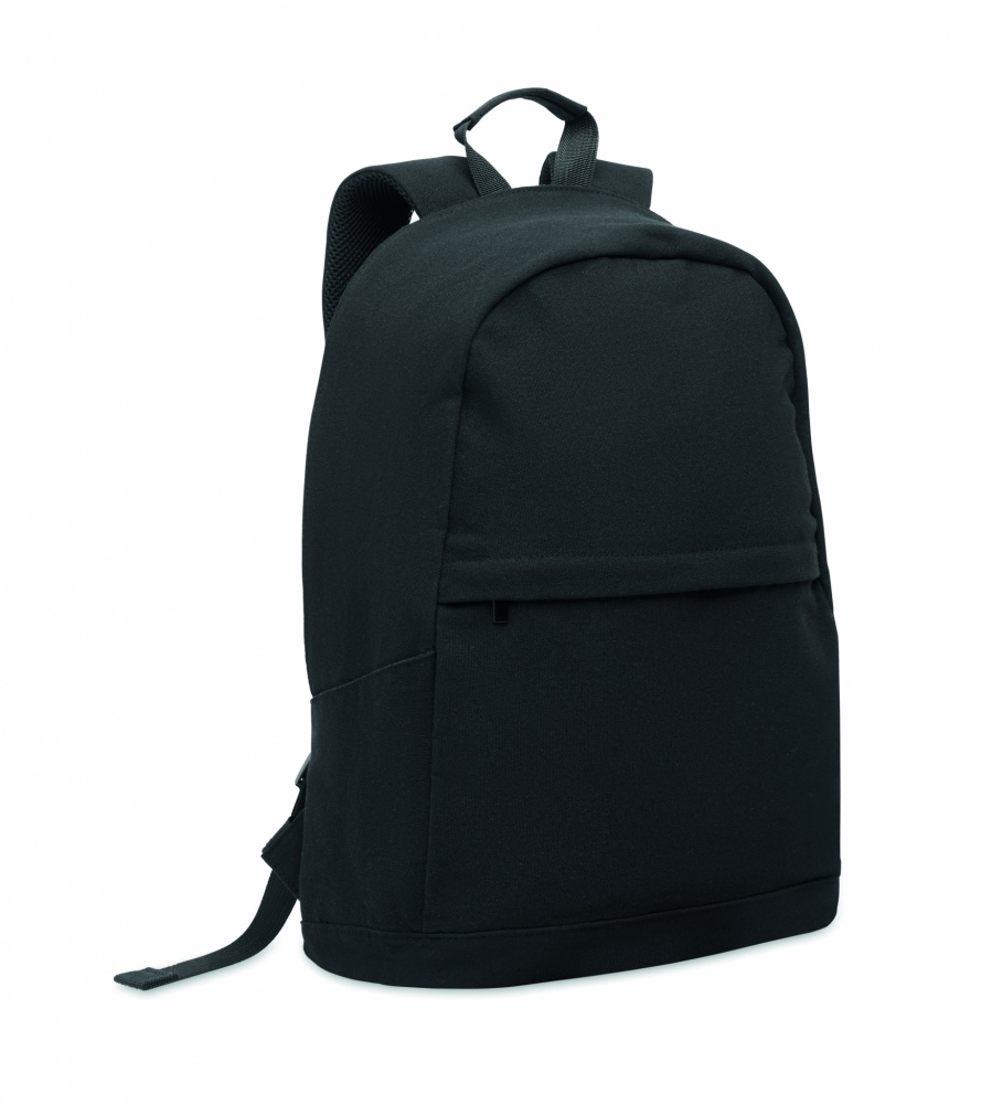 Logotrade Geschäftsgeschenke das Foto: Ein 15-Zoll-Laptop-Rucksack aus recycelter Baumwolle (Pre-Consumer) und recyceltem Polyester mit individuell anpassbarem Druck