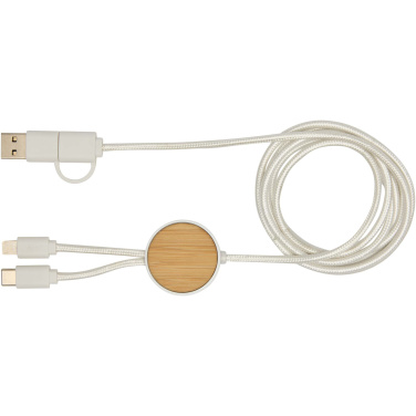 Logotrade werbemittel das Foto: Chechia 150 cm 5-in-1 Kabel aus recyceltem Kunststoff für Datenübertragung und 27W Schnellladung mit Bambusdetails