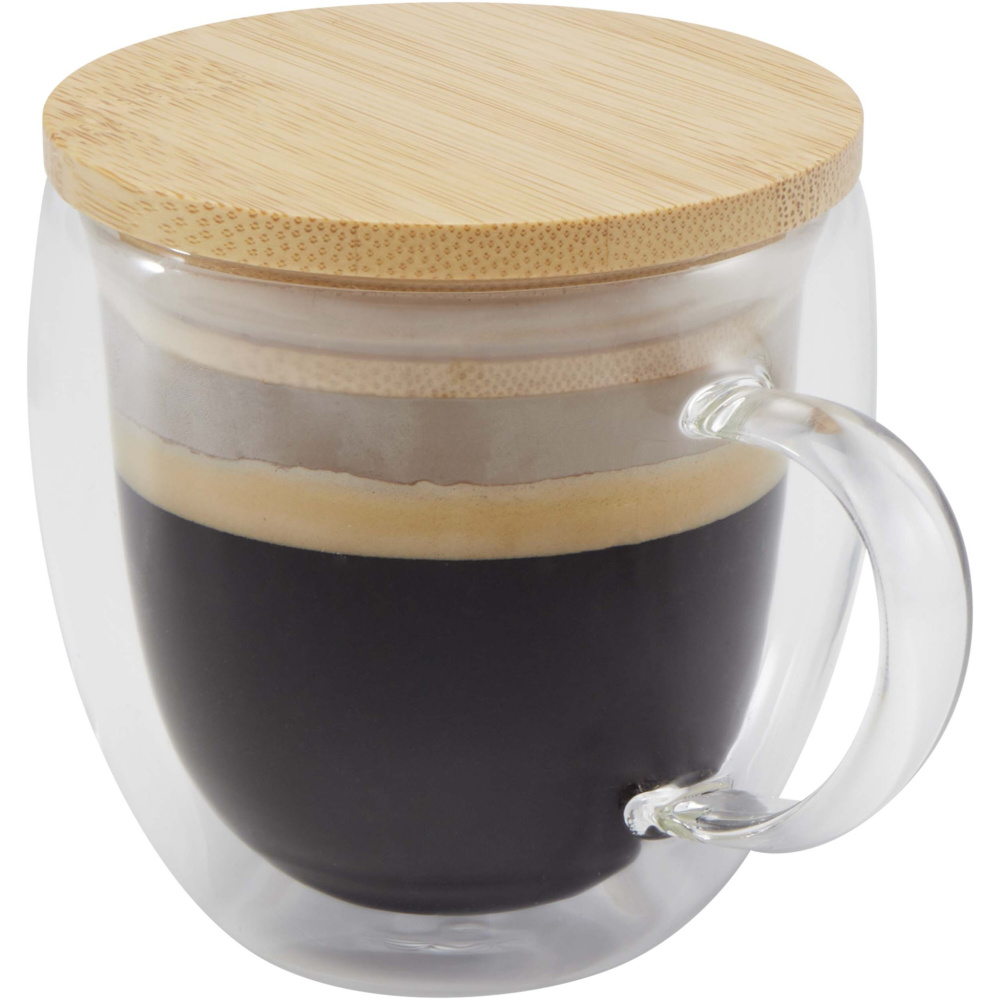 Logotrade Werbegeschenke das Foto: Lenora 250 ml Glasbecher mit Bambusdeckel