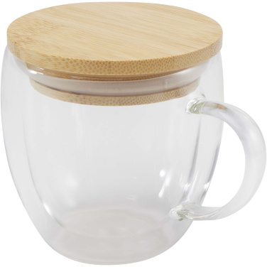 Logotrade Werbeartikel das Foto: Lenora 250 ml Glasbecher mit Bambusdeckel