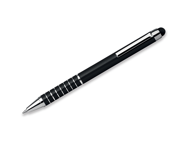 Logo trade promotional merchandise photo of: SHORTY metal ball pen with function "touch pen", blue refill, black