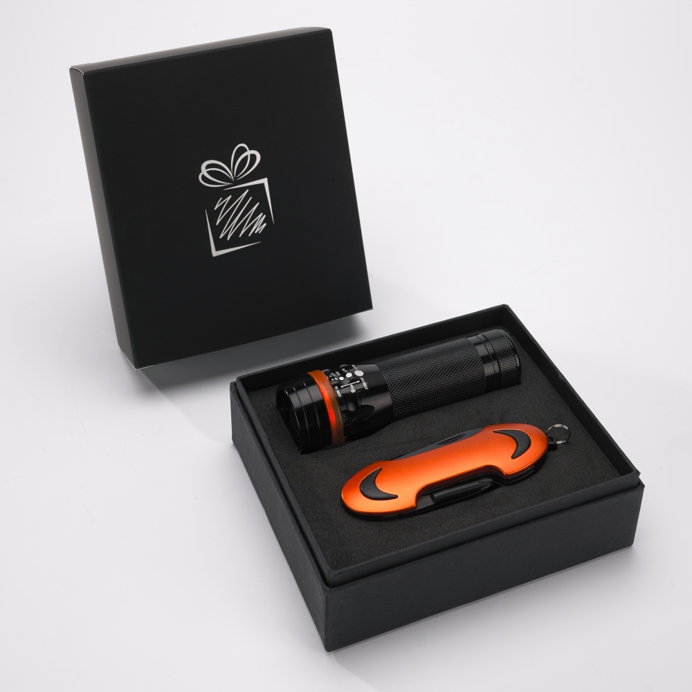 Logo trade business gift photo of: SET COLORADO I: LED TORCH AND A POCKET KNIFE, orange