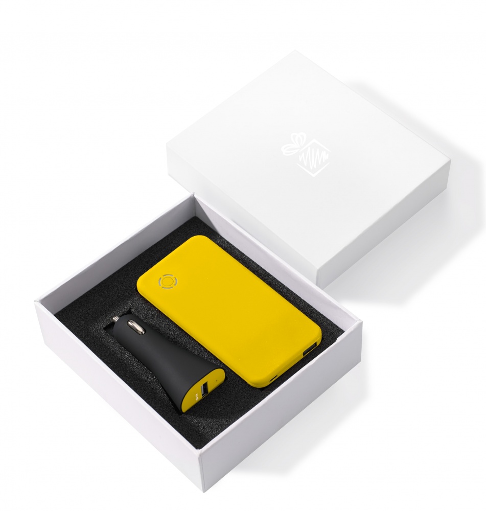 Logo trade promotional merchandise image of: SET: RAY POWER BANK 4000 mAh &CAR CHARGER RUBBY, yellow