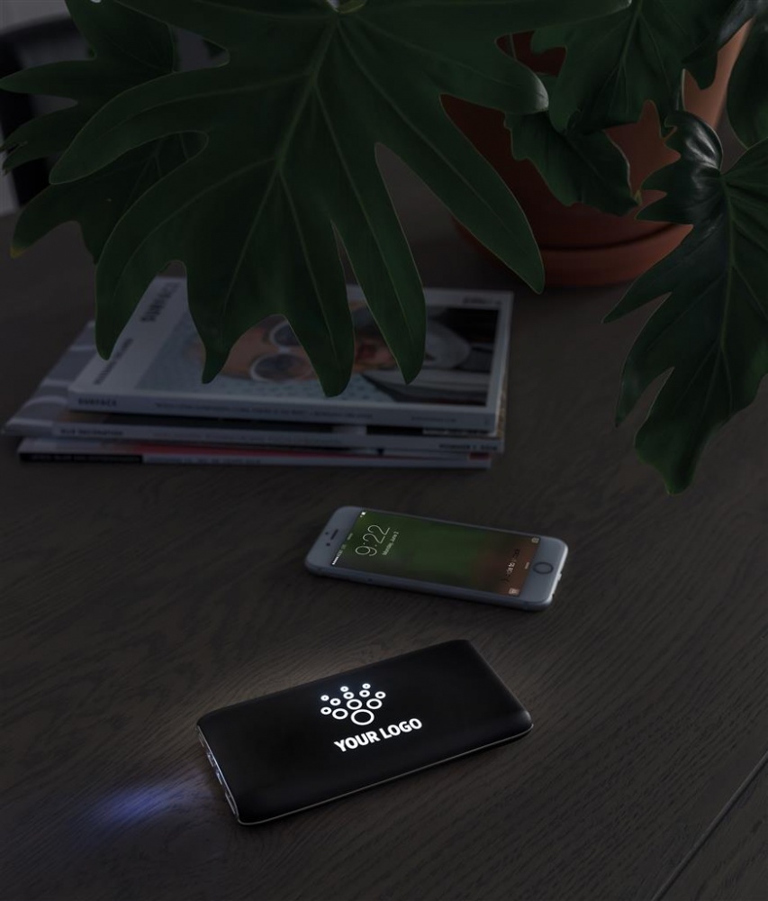 Logo trade business gifts image of: Light up wireless charger power bank, 8.000 mAh, black