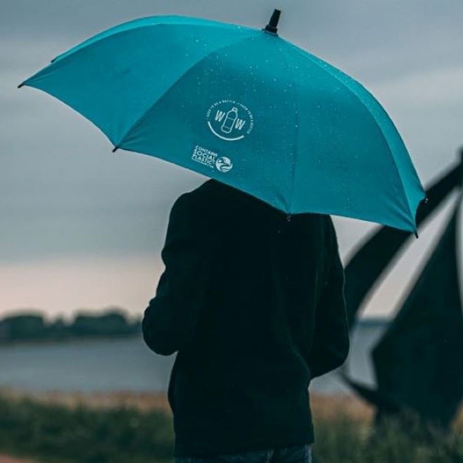 Logo trade promotional merchandise picture of: Sustainable RPET umbrella, lightblue