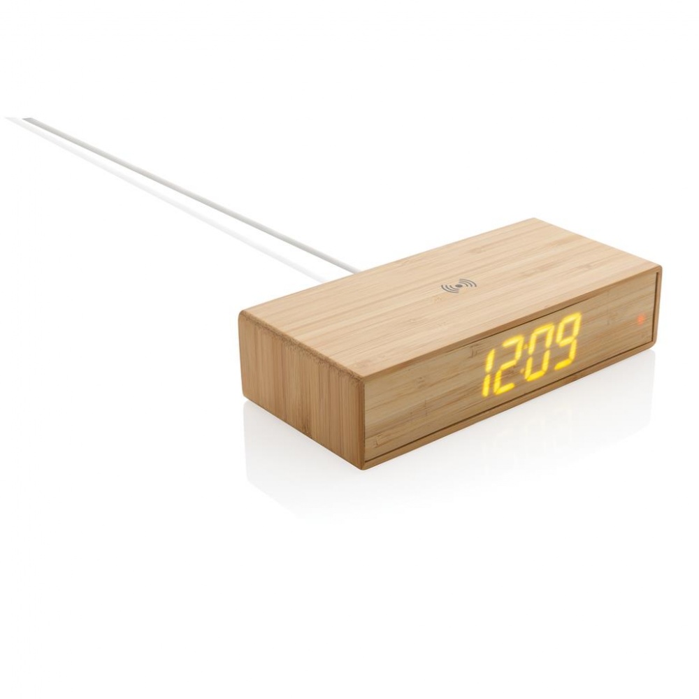 Logotrade promotional merchandise photo of: Bamboo alarm clock with 5W wireless charger, brown