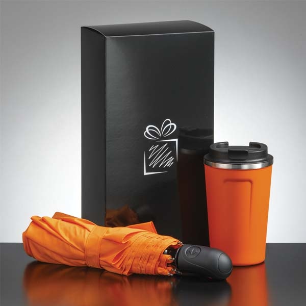 Logo trade promotional merchandise picture of: Traveller set: thermal mug 350 ml and full automatic umbrella, orange