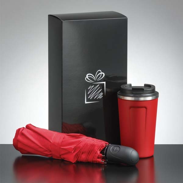 Logo trade promotional merchandise image of: Traveller set: thermal mug 350 ml and full automatic umbrella, red