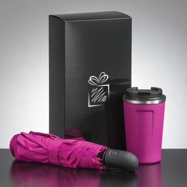 Logo trade promotional merchandise photo of: Traveller set: thermal mug 350 ml and full automatic umbrella, pink