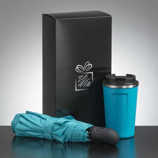 Logo trade promotional gifts image of: Traveller set: thermal mug 350 ml and umbrella, turquoise