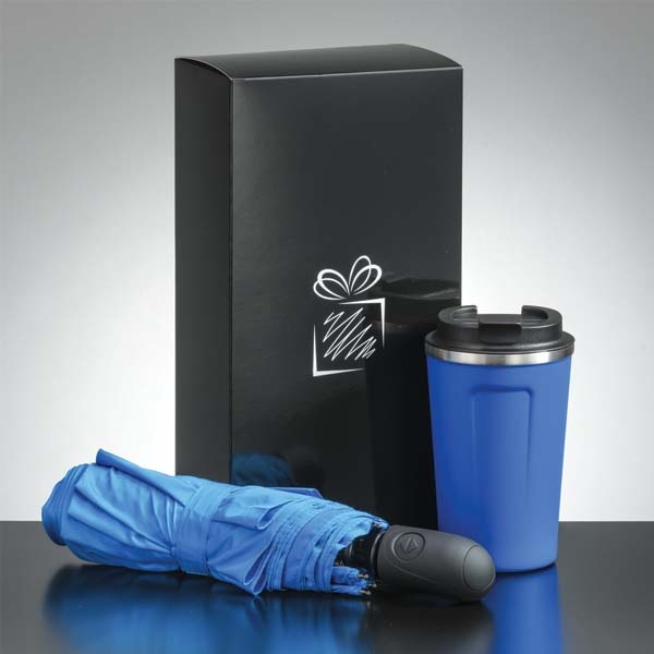 Logo trade promotional giveaways image of: Traveller set: thermal mug 350 ml and umbrella, light blue