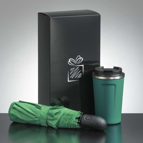 Logo trade promotional items picture of: Traveller set: thermal mug 350 ml and full automatic umbrella, green