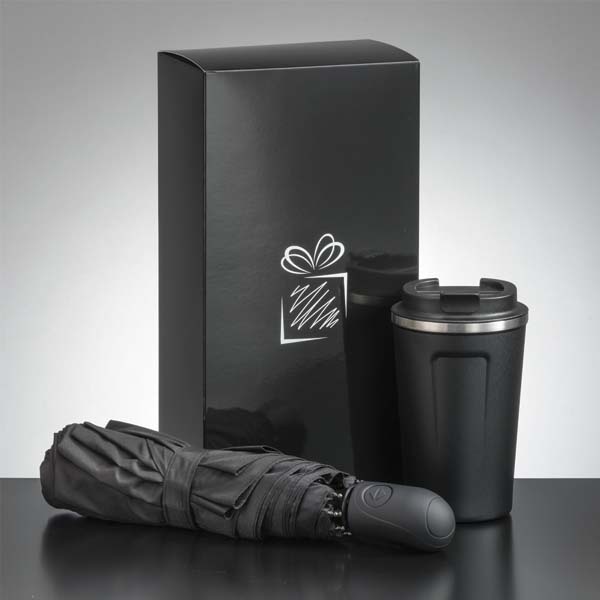 Logo trade corporate gifts picture of: Traveller set: thermal mug 350 ml and full automatic umbrella, black