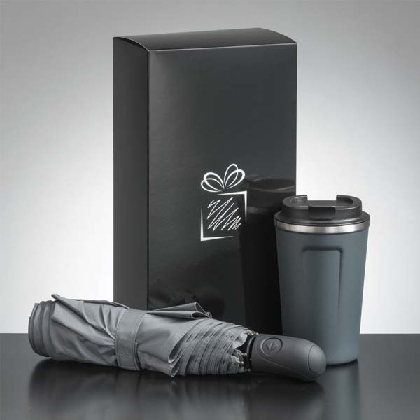 Logo trade corporate gifts picture of: Traveller set: thermal mug 350 ml and full automatic umbrella, gray