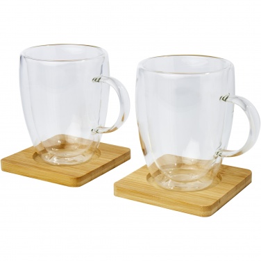 Logo trade promotional item photo of: Manti 2-piece 350 ml double-wall glass cup with bamboo coaster 