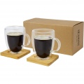 Manti 2-piece 350 ml double-wall glass cup with bamboo coaster , Transparent / Natural