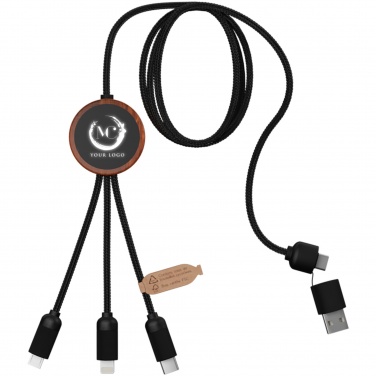 Logo trade promotional giveaway photo of: SCX.design C37 5-in-1 rPET light-up logo charging cable with round wooden casing