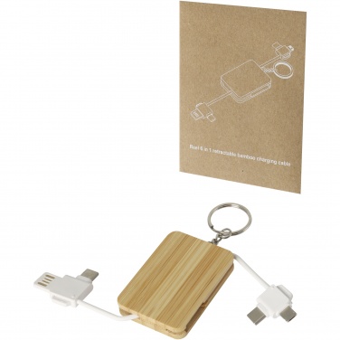 Logo trade promotional giveaways image of: Reel 6-in-1 retractable bamboo key ring charging cable