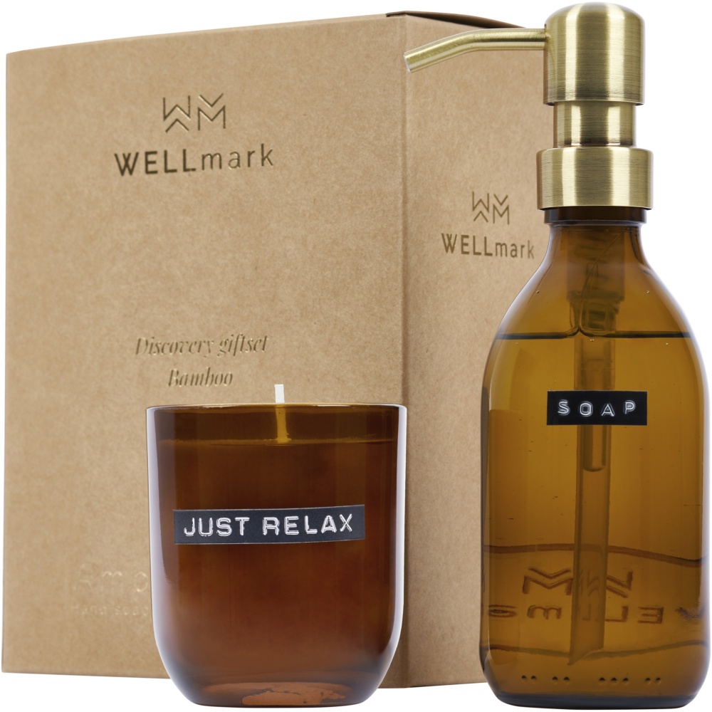 Logotrade promotional product image of: Wellmark Discovery 200 ml hand soap dispenser and 150 g scented candle set - bamboo fragrance