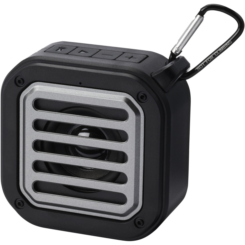 Logo trade corporate gifts image of: Solo 3W IPX5 RCS recycled plastic solar Bluetooth® speaker with carabiner 