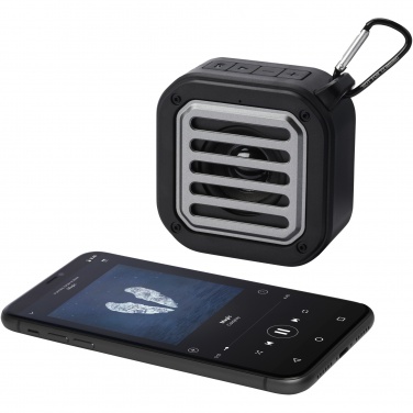 Logo trade promotional gifts picture of: Solo 3W IPX5 RCS recycled plastic solar Bluetooth® speaker with carabiner 