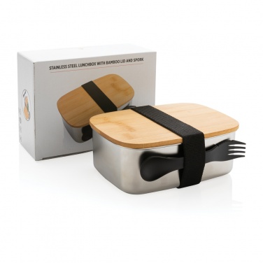 Logo trade corporate gifts image of: Stainless steel lunchbox with bamboo lid and spork