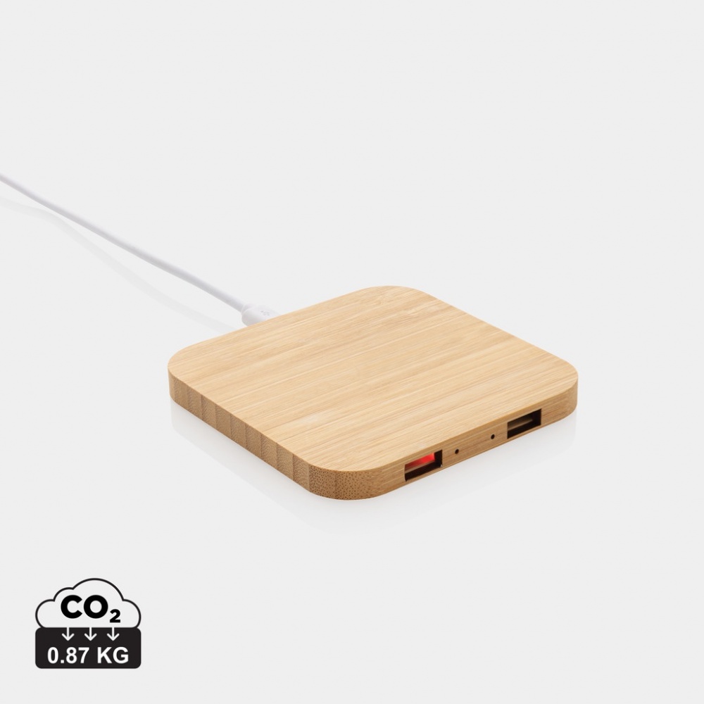 Logo trade promotional products picture of: Bamboo 10W wireless charger with USB