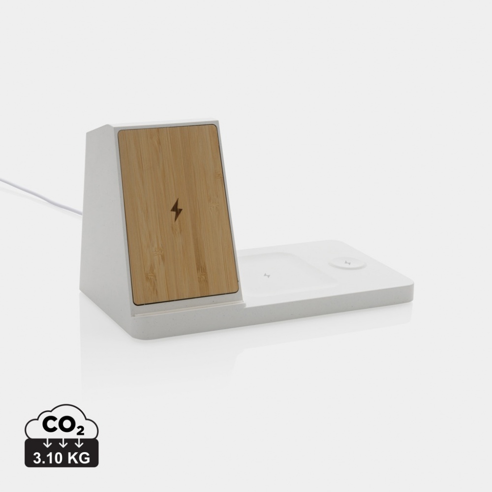 Logotrade corporate gift image of: Ontario recycled plastic & bamboo 3-in-1 wireless charger