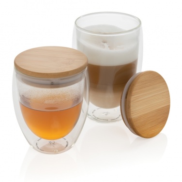 Logo trade business gifts image of: Double wall borosilicate glass with bamboo lid 250ml 2pc set