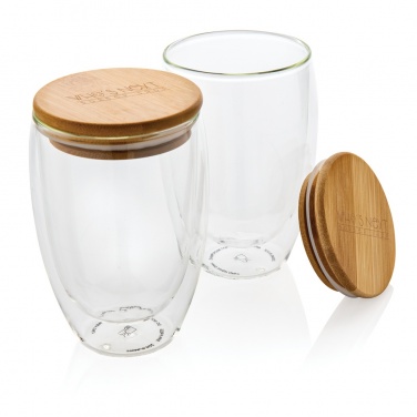 Logo trade business gifts image of: Double wall borosilicate glass with bamboo lid 350ml 2pc set