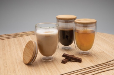 Logo trade promotional merchandise photo of: Double wall borosilicate glass with bamboo lid 350ml 2pc set