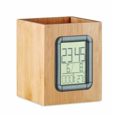 Logo trade promotional item photo of: Bamboo pen holder and LCD clock