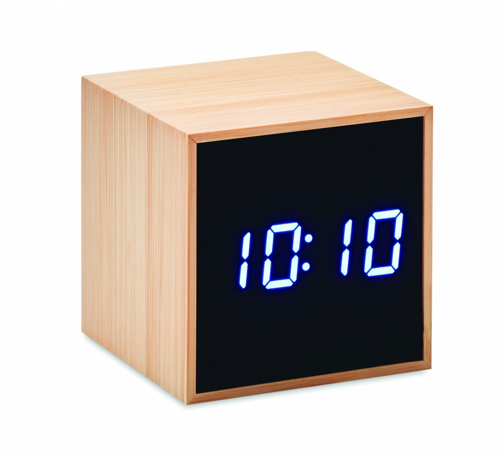 Logo trade business gifts image of: LED alarm clock bamboo casing Dortmund