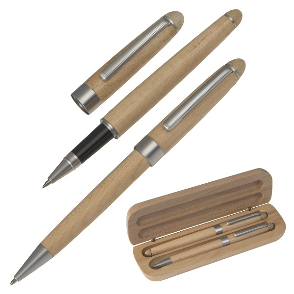 Logo trade corporate gifts picture of: Wooden writing set ballpen and roller INDIANAPOLIS