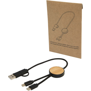 Logotrade promotional item image of: Chechia 5-in-1 recycled plastic 30 cm data sync and 27W fast charge cable with bamboo details