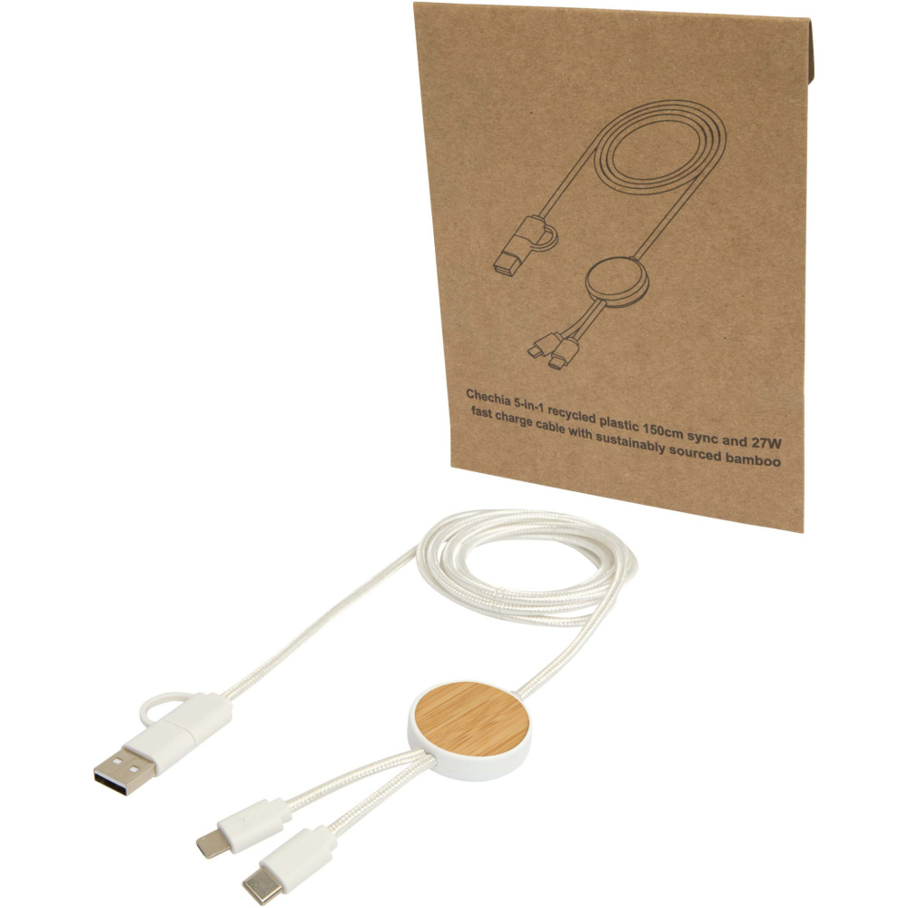 Logo trade promotional gifts image of: Chechia 5-in-1 recycled plastic 150 cm data sync and 27W fast charge cable with bamboo details