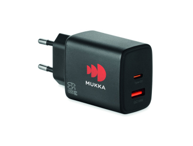 Logo trade mainoslahja ja liikelahja tuotekuva: EU:n 2-napainen adapter/laturi