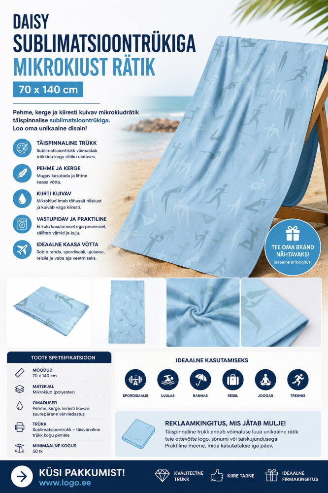 Logotrade firminės dovanos nuotrauka: Daisy mikropluošto rankšluostis su sublimacine spauda 70 × 140 cm
