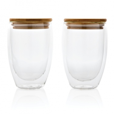 Logotrade profilprodukter bild: Dubbelväggigt borosilikatglas med bambulock, 350ml, 2-pack